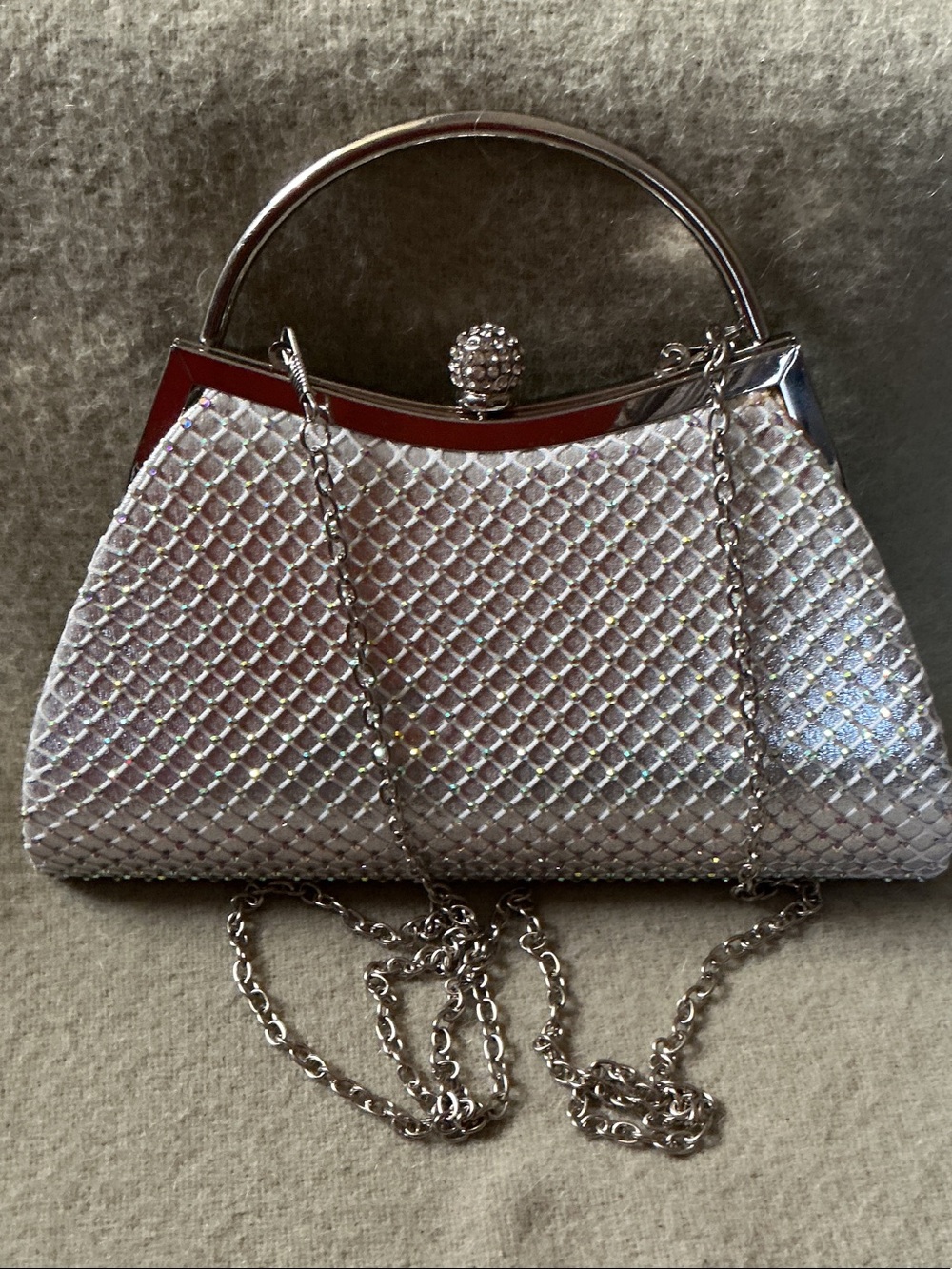 Vintage Silver Quilted Evening Wristlet with Chain Handle